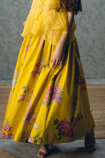 Buy_Paulmi And Harsh_Yellow Poplin Embroidery Square Neck Alina Bustier And Printed Skirt Set _Online_at_Aza_Fashions