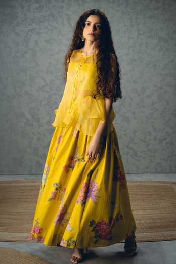 Shop_Paulmi And Harsh_Yellow Poplin Embroidery Square Neck Alina Bustier And Printed Skirt Set _Online_at_Aza_Fashions
