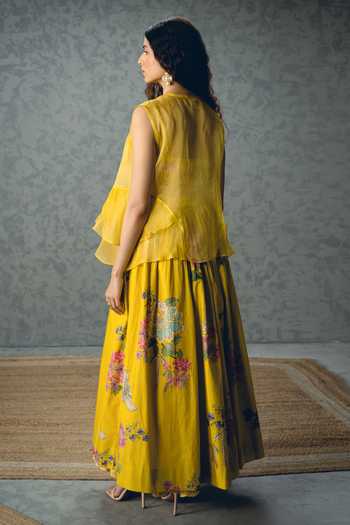 Shop_Paulmi And Harsh_Yellow Poplin Embroidery Square Neck Alina Bustier And Printed Skirt Set _at_Aza_Fashions