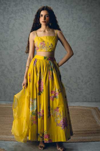 Paulmi And Harsh_Yellow Poplin Embroidery Square Neck Alina Bustier And Printed Skirt Set _at_Aza_Fashions