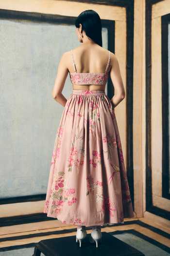 Shop_Paulmi And Harsh_Pink Poplin Embroidery Square Neck Alina Bustier Skirt Set _at_Aza_Fashions