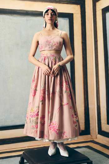 Buy_Paulmi And Harsh_Pink Poplin Embroidery Square Neck Alina Bustier Skirt Set _Online_at_Aza_Fashions