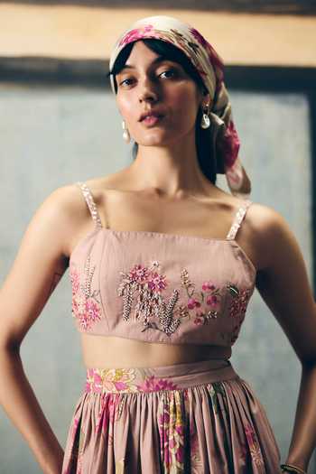 Shop_Paulmi And Harsh_Pink Poplin Embroidery Square Neck Alina Bustier Skirt Set _Online_at_Aza_Fashions