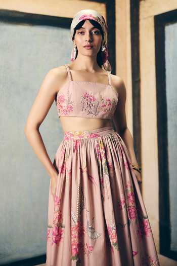 Paulmi And Harsh_Pink Poplin Embroidery Square Neck Alina Bustier Skirt Set _at_Aza_Fashions
