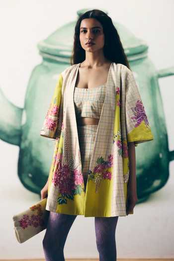 Paulmi And Harsh_Ivory Silk, Modal Embroidery Open Neck, Ohaaya Printed Jacket And Skorts Set _Online_at_Aza_Fashions