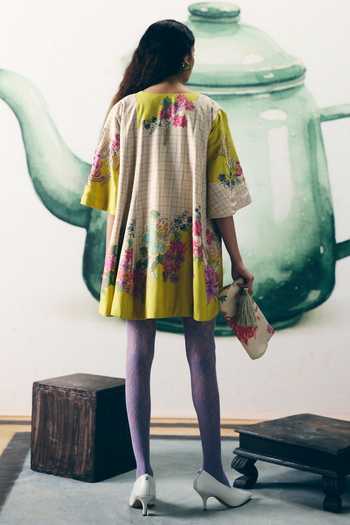 Shop_Paulmi And Harsh_Ivory Silk, Modal Embroidery Open Neck, Ohaaya Printed Jacket And Skorts Set _at_Aza_Fashions