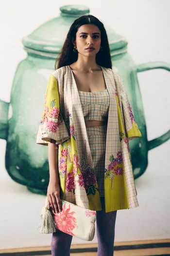 Shop_Paulmi And Harsh_Ivory Silk, Modal Embroidery Open Neck, Ohaaya Printed Jacket And Skorts Set _Online_at_Aza_Fashions
