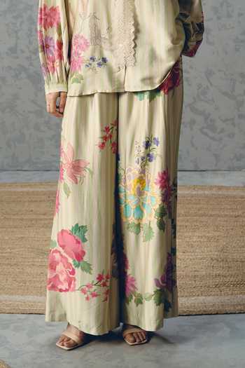 Paulmi And Harsh_Green Modal, Silk Collared Aika Striped Floral Print Shirt And Pant Set _Online_at_Aza_Fashions