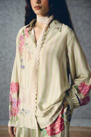 Buy_Paulmi And Harsh_Green Modal, Silk Collared Aika Striped Floral Print Shirt And Pant Set _Online_at_Aza_Fashions