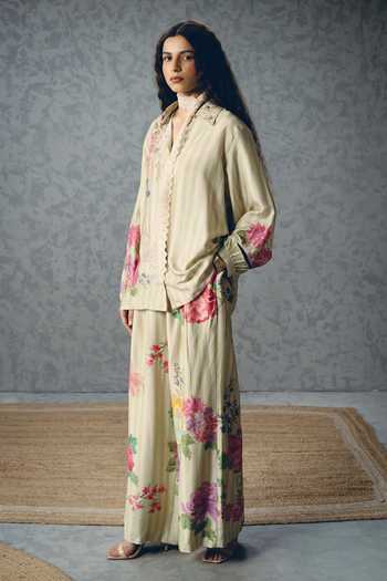 Shop_Paulmi And Harsh_Green Modal, Silk Collared Aika Striped Floral Print Shirt And Pant Set _Online_at_Aza_Fashions