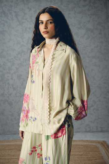 Paulmi And Harsh_Green Modal, Silk Collared Aika Striped Floral Print Shirt And Pant Set _at_Aza_Fashions
