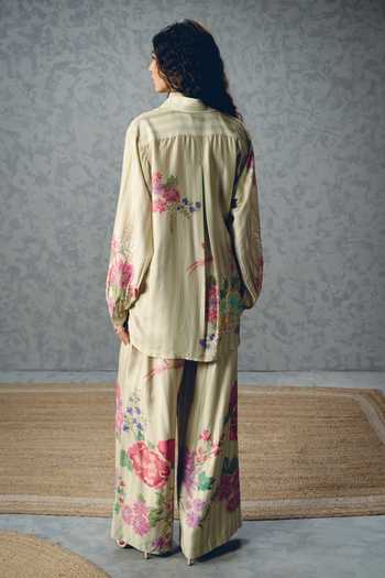 Shop_Paulmi And Harsh_Green Modal, Silk Collared Aika Striped Floral Print Shirt And Pant Set _at_Aza_Fashions