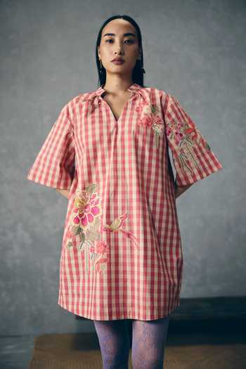 Paulmi And Harsh_Pink Poplin Mandarin Collar Sakina Gingham Checkered Dress _Online_at_Aza_Fashions
