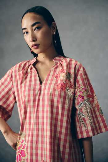 Buy_Paulmi And Harsh_Pink Poplin Mandarin Collar Sakina Gingham Checkered Dress _Online_at_Aza_Fashions