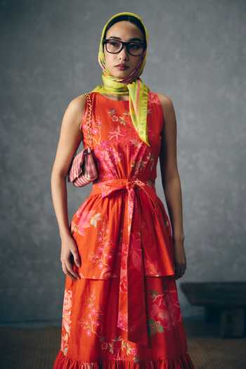Paulmi And Harsh_Orange Poplin High Neck Selora Printed Tie-up Dress _Online_at_Aza_Fashions