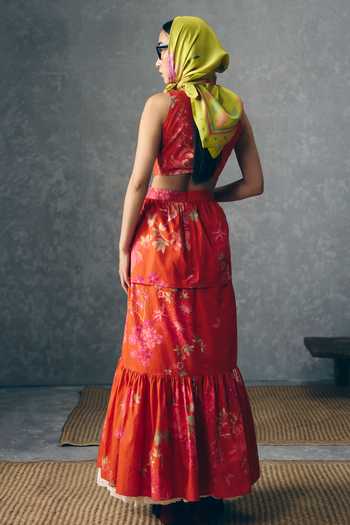 Shop_Paulmi And Harsh_Orange Poplin High Neck Selora Printed Tie-up Dress _at_Aza_Fashions