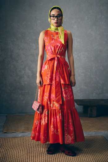 Buy_Paulmi And Harsh_Orange Poplin High Neck Selora Printed Tie-up Dress _at_Aza_Fashions