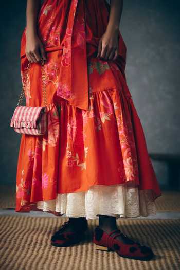 Buy_Paulmi And Harsh_Orange Poplin High Neck Selora Printed Tie-up Dress _Online_at_Aza_Fashions