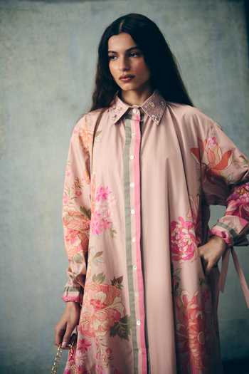Paulmi And Harsh_Pink Poplin Collared, Yes Rina Printed Kurta And Palazzo Set _Online_at_Aza_Fashions