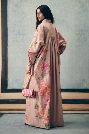 Shop_Paulmi And Harsh_Pink Poplin Collared, Yes Rina Printed Kurta And Palazzo Set _at_Aza_Fashions