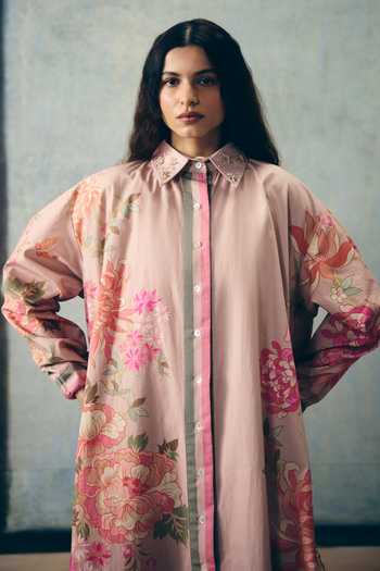 Shop_Paulmi And Harsh_Pink Poplin Collared, Yes Rina Printed Kurta And Palazzo Set _Online_at_Aza_Fashions
