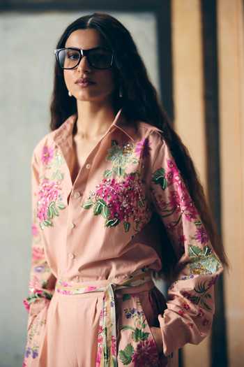 Paulmi And Harsh_Pink Poplin Collared Airi Printed Shirt And Pant Set _Online_at_Aza_Fashions