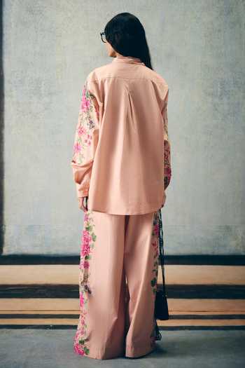 Shop_Paulmi And Harsh_Pink Poplin Collared Airi Printed Shirt And Pant Set _at_Aza_Fashions