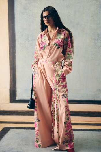 Paulmi And Harsh_Pink Poplin Collared Airi Printed Shirt And Pant Set _at_Aza_Fashions