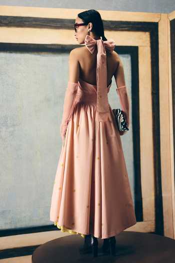 Shop_Paulmi And Harsh_Pink Poplin Smocking Halter Neck Kyomi Printed Dress _at_Aza_Fashions