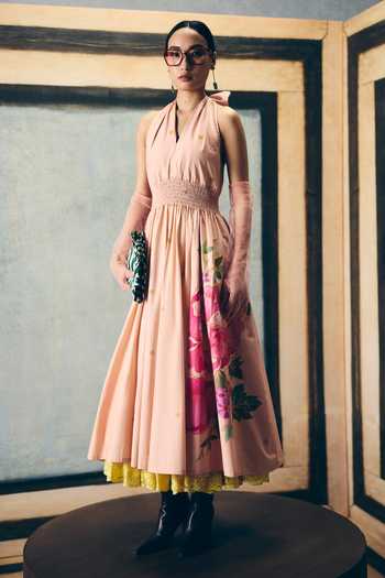 Paulmi And Harsh_Pink Poplin Smocking Halter Neck Kyomi Printed Dress _Online_at_Aza_Fashions