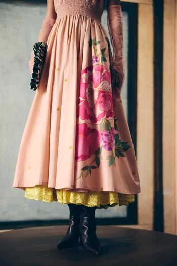Buy_Paulmi And Harsh_Pink Poplin Smocking Halter Neck Kyomi Printed Dress _Online_at_Aza_Fashions