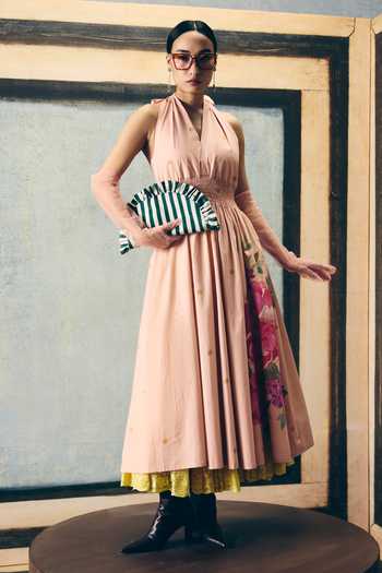 Buy_Paulmi And Harsh_Pink Poplin Smocking Halter Neck Kyomi Printed Dress _at_Aza_Fashions