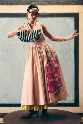 Shop_Paulmi And Harsh_Pink Poplin Smocking Halter Neck Kyomi Printed Dress _Online_at_Aza_Fashions