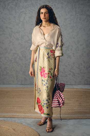 Buy_Paulmi And Harsh_Off White Satin Collared Lya Printed Shirt And Skirt Set _at_Aza_Fashions