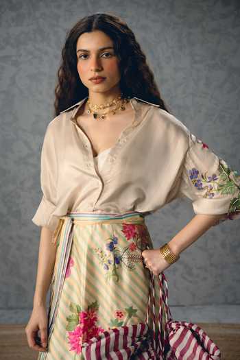 Paulmi And Harsh_Off White Satin Collared Lya Printed Shirt And Skirt Set _Online_at_Aza_Fashions