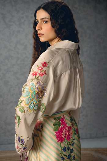 Buy_Paulmi And Harsh_Off White Satin Collared Lya Printed Shirt And Skirt Set _Online_at_Aza_Fashions