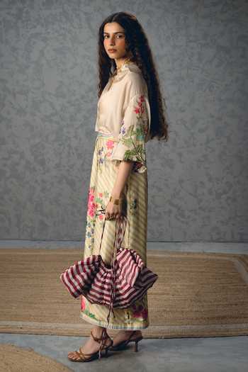 Shop_Paulmi And Harsh_Off White Satin Collared Lya Printed Shirt And Skirt Set _Online_at_Aza_Fashions
