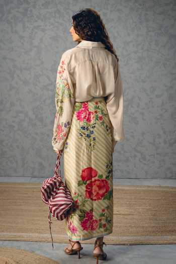 Shop_Paulmi And Harsh_Off White Satin Collared Lya Printed Shirt And Skirt Set _at_Aza_Fashions