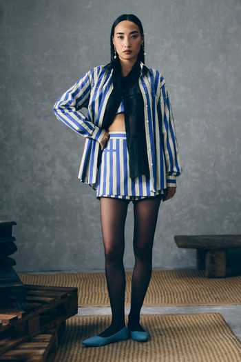 Buy_Paulmi And Harsh_Blue Poplin Embroidery Collared, Bandeau Neck Kai Striped Shirt And Skorts Set _at_Aza_Fashions