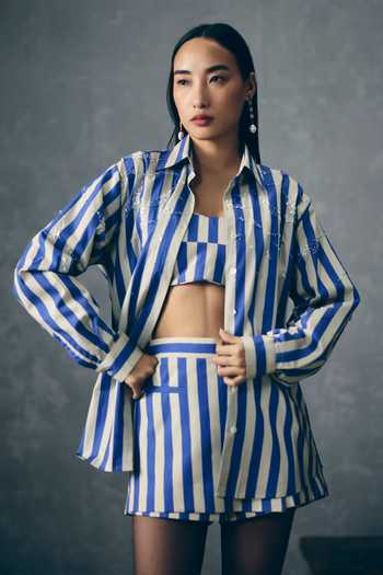 Paulmi And Harsh_Blue Poplin Embroidery Collared, Bandeau Neck Kai Striped Shirt And Skorts Set _Online_at_Aza_Fashions
