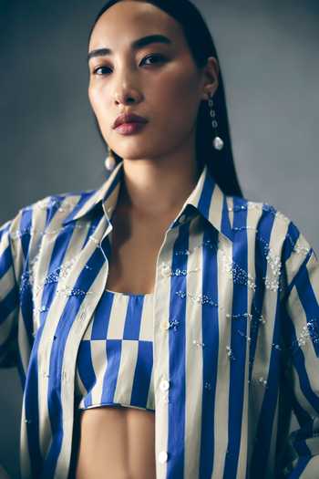 Buy_Paulmi And Harsh_Blue Poplin Embroidery Collared, Bandeau Neck Kai Striped Shirt And Skorts Set _Online_at_Aza_Fashions