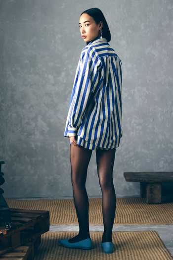 Shop_Paulmi And Harsh_Blue Poplin Embroidery Collared, Bandeau Neck Kai Striped Shirt And Skorts Set _at_Aza_Fashions