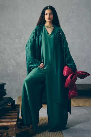 Paulmi And Harsh_Green Silk Organza Embroidery Wasabi Jacket And Jumpsuit Set _Online_at_Aza_Fashions