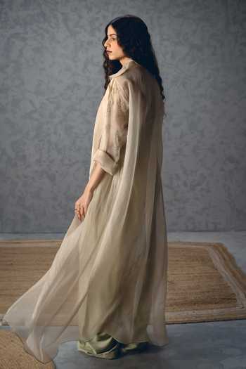Shop_Paulmi And Harsh_Mint Organza Embroidery Shinju Jacket And Jumpsuit Set _at_Aza_Fashions