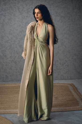 Paulmi And Harsh_Mint Organza Embroidery Shinju Jacket And Jumpsuit Set _Online_at_Aza_Fashions