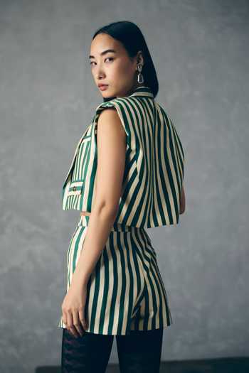 Paulmi And Harsh_Green Silk, Modal Square Neck Mori Striped Blazer And Skorts Set _Online_at_Aza_Fashions