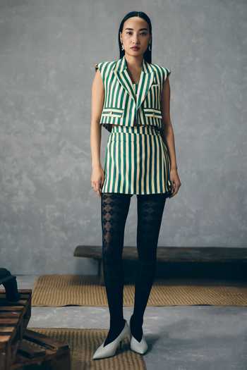 Buy_Paulmi And Harsh_Green Silk, Modal Square Neck Mori Striped Blazer And Skorts Set _at_Aza_Fashions