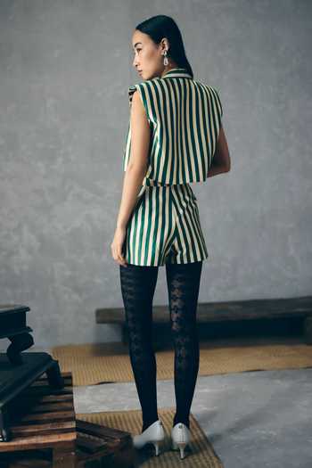 Shop_Paulmi And Harsh_Green Silk, Modal Square Neck Mori Striped Blazer And Skorts Set _at_Aza_Fashions