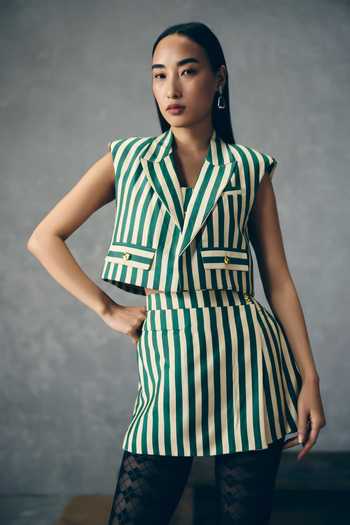 Buy_Paulmi And Harsh_Green Silk, Modal Square Neck Mori Striped Blazer And Skorts Set _Online_at_Aza_Fashions