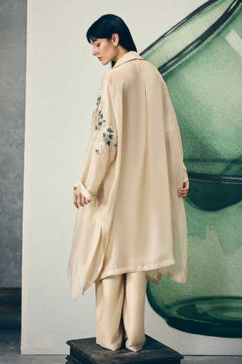Shop_Paulmi And Harsh_Ivory Silk Organza Embroidery Notched Neck Shinju Jacket And Jumpsuit Set _at_Aza_Fashions